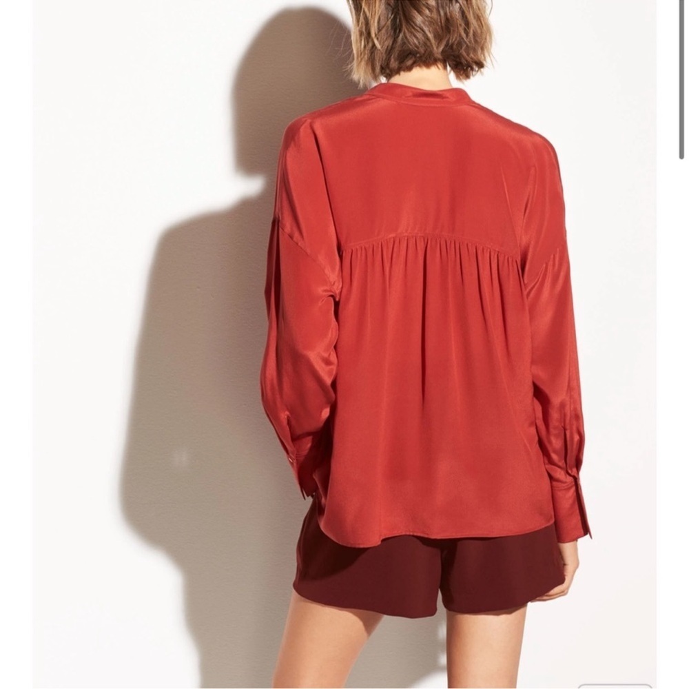 Vince Silk Band Collar Blouse Adobe Red Long Sleeve Minimalist Size M - Picture 4 of 12